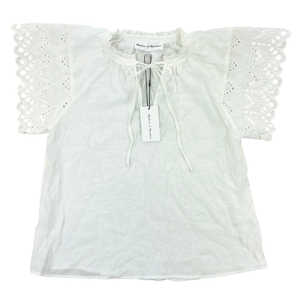 Chelsea Theodore Blouse Top Women's XS White Eyelet Flutter Sleeve Boho NWT